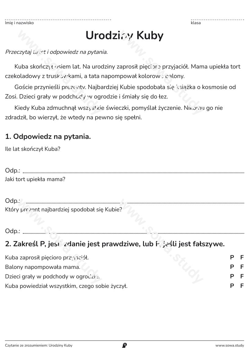 Czytanie ze zrozumieniem: Urodziny Kuby – karta pracy do druku