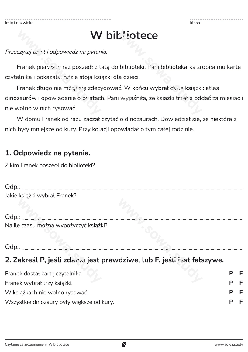 Czytanie ze zrozumieniem: W bibliotece – karta pracy do druku