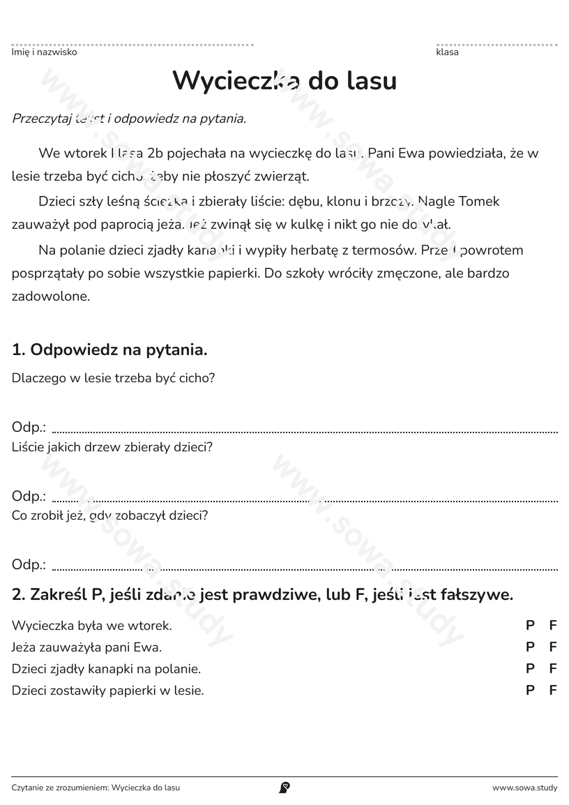 Czytanie ze zrozumieniem: Wycieczka do lasu – karta pracy do druku