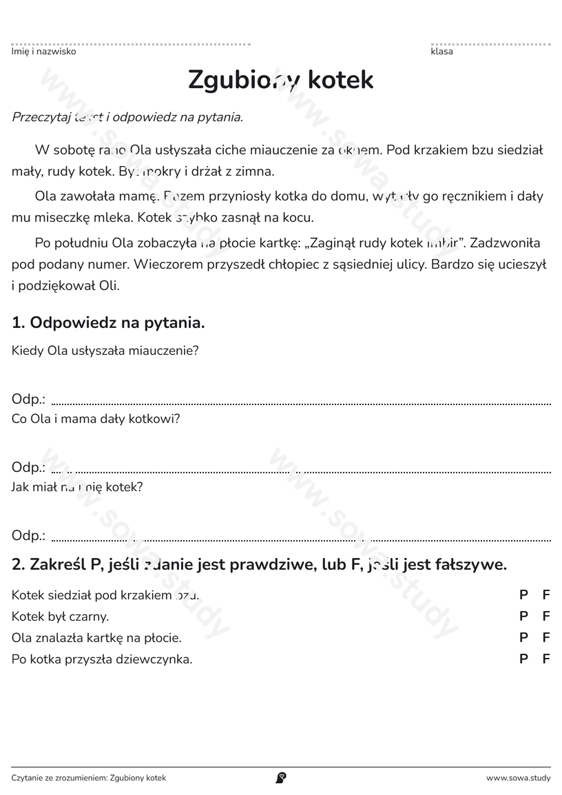 Czytanie ze zrozumieniem: Zgubiony kotek – karta pracy do druku