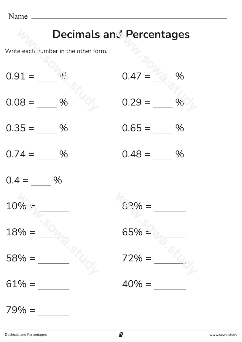 Decimals and Percentages – printable worksheet