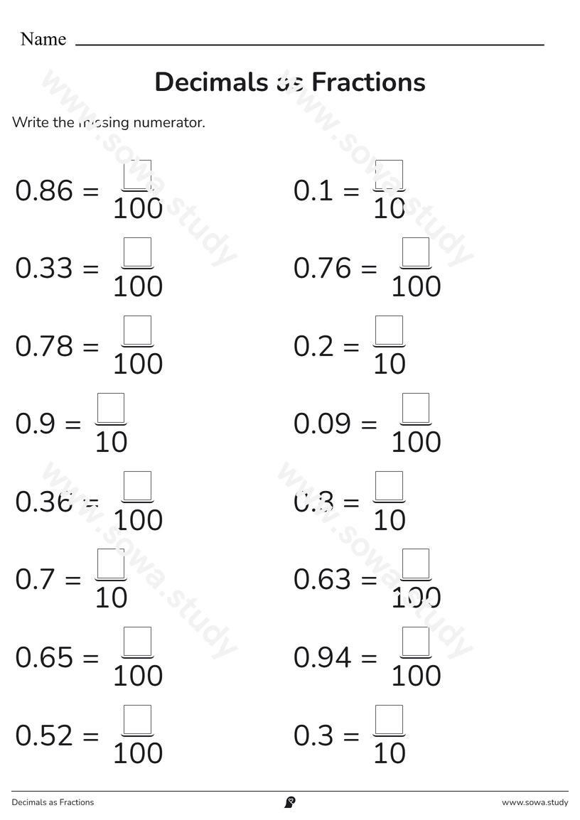 Decimals as Fractions – printable worksheet