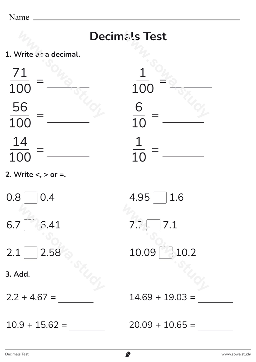Decimals Test – printable worksheet