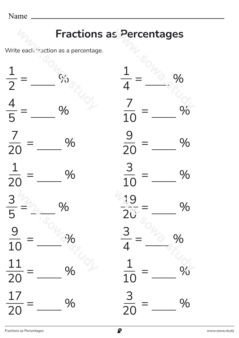Fractions as Percentages – printable worksheet