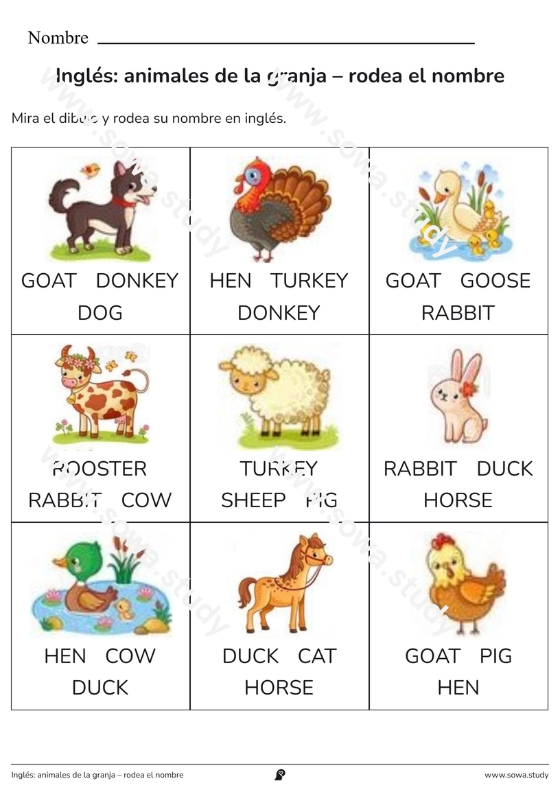 Inglés: animales de la granja – rodea el nombre – ficha para imprimir