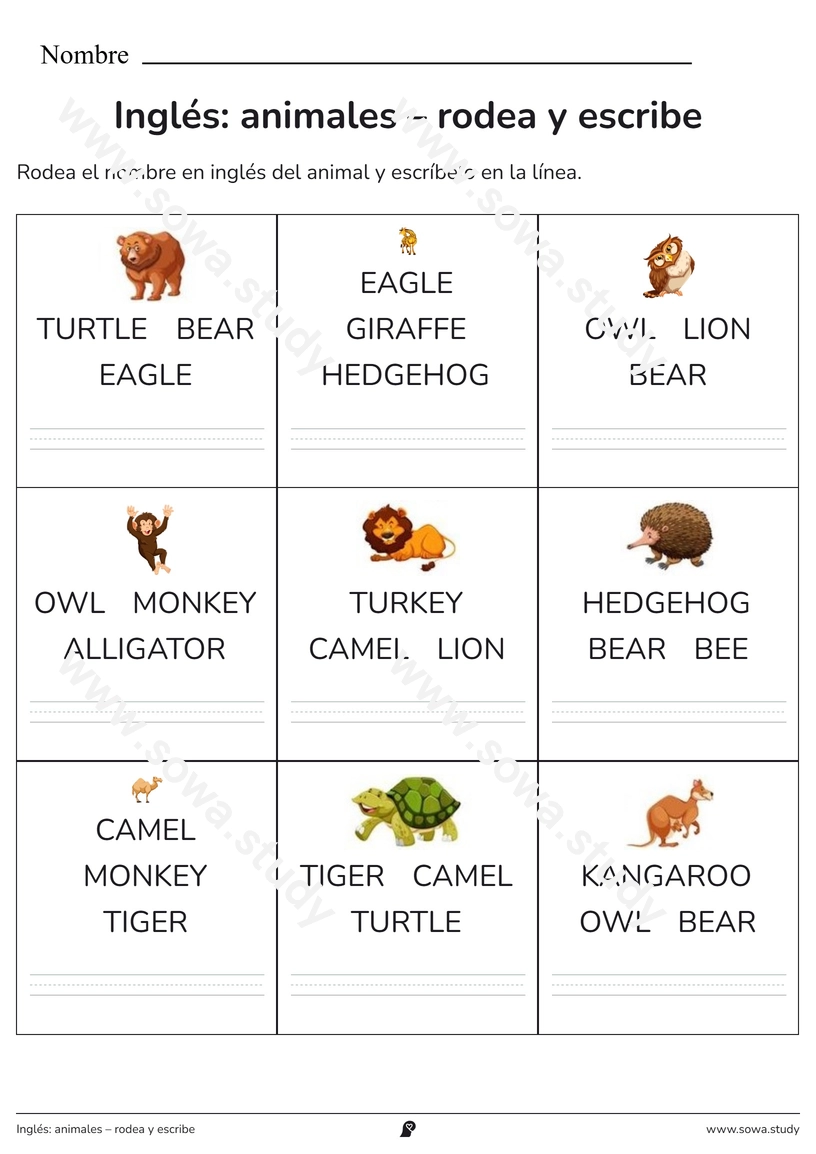Inglés: animales – rodea y escribe – ficha para imprimir