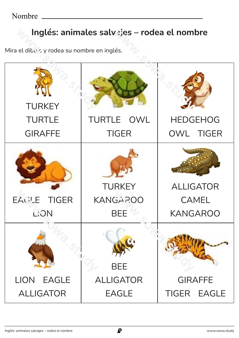 Inglés: animales salvajes – rodea el nombre – ficha para imprimir