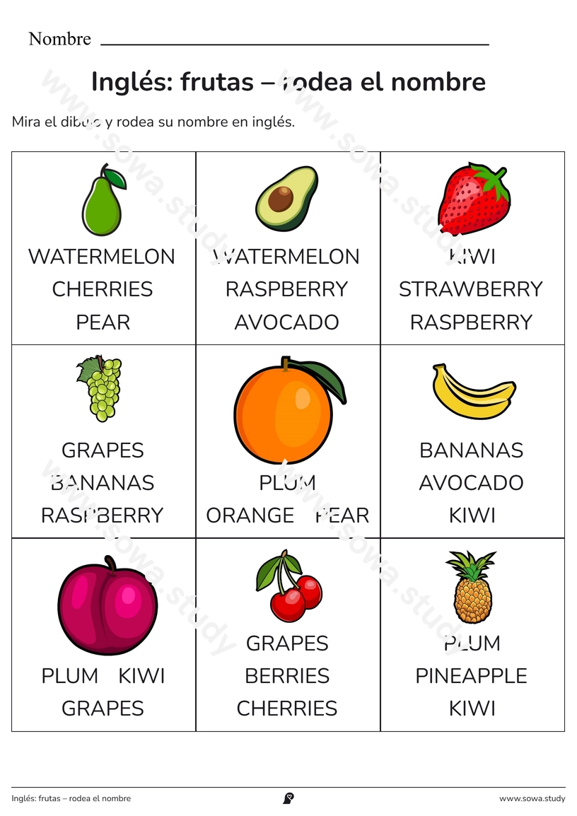Inglés: frutas – rodea el nombre – ficha para imprimir