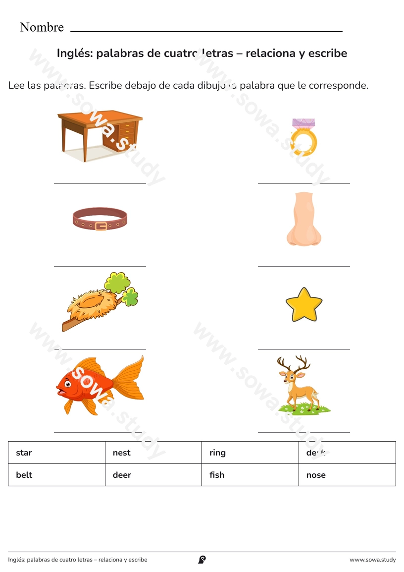 Inglés: palabras de cuatro letras – relaciona y escribe – ficha para imprimir