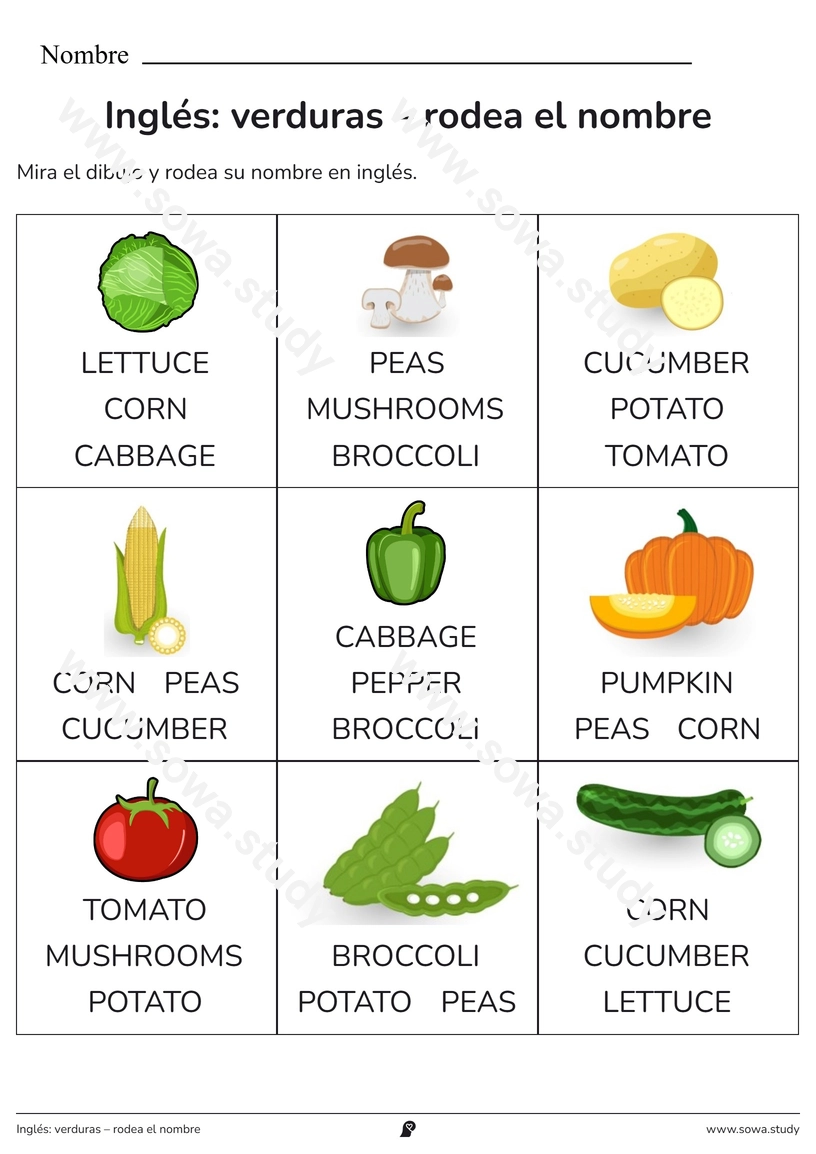 Inglés: verduras – rodea el nombre – ficha para imprimir