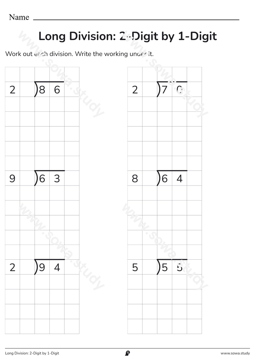 Long Division: 2-Digit by 1-Digit – printable worksheet