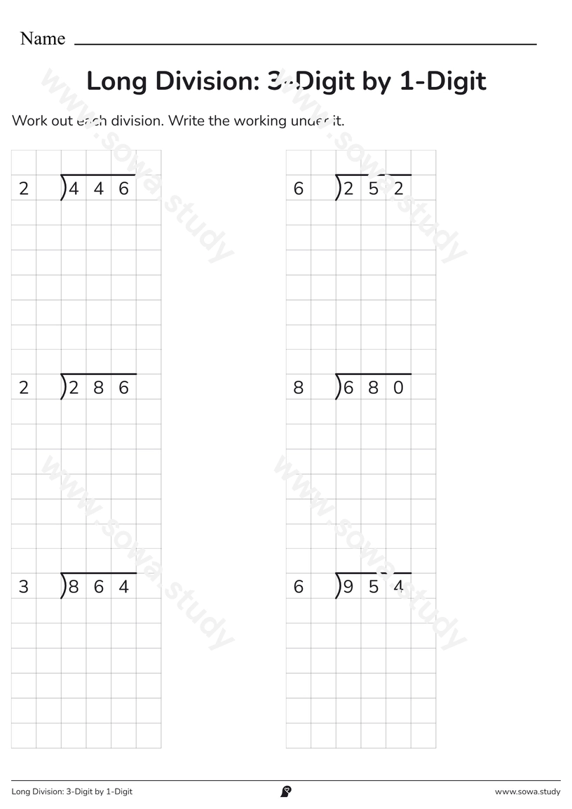 Long Division: 3-Digit by 1-Digit – printable worksheet