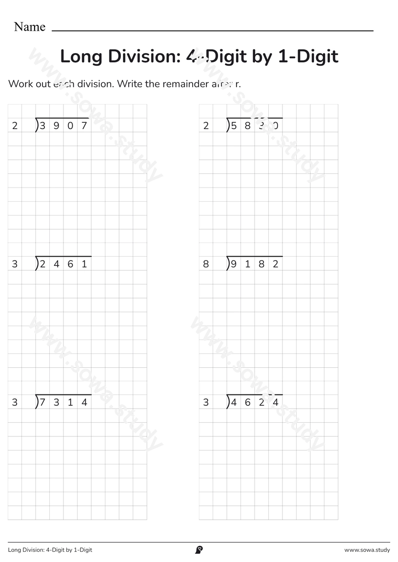 Long Division: 4-Digit by 1-Digit – printable worksheet