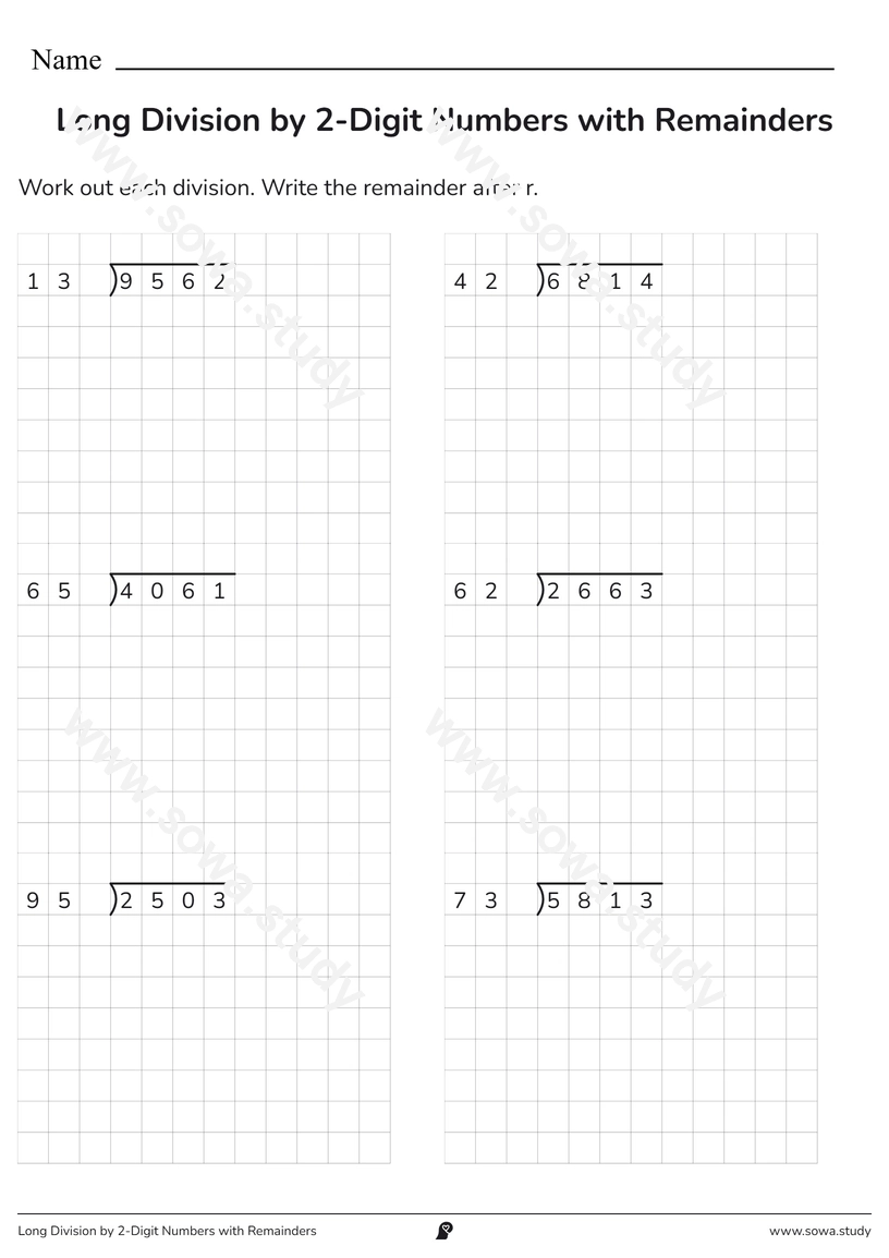 Long Division by 2-Digit Numbers with Remainders – printable worksheet