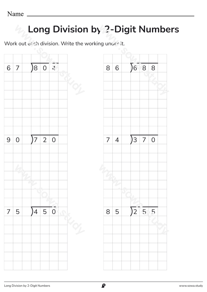 Long Division by 2-Digit Numbers – printable worksheet