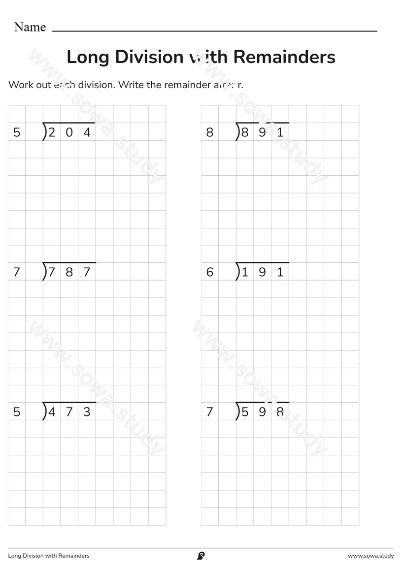 Long Division with Remainders – printable worksheet