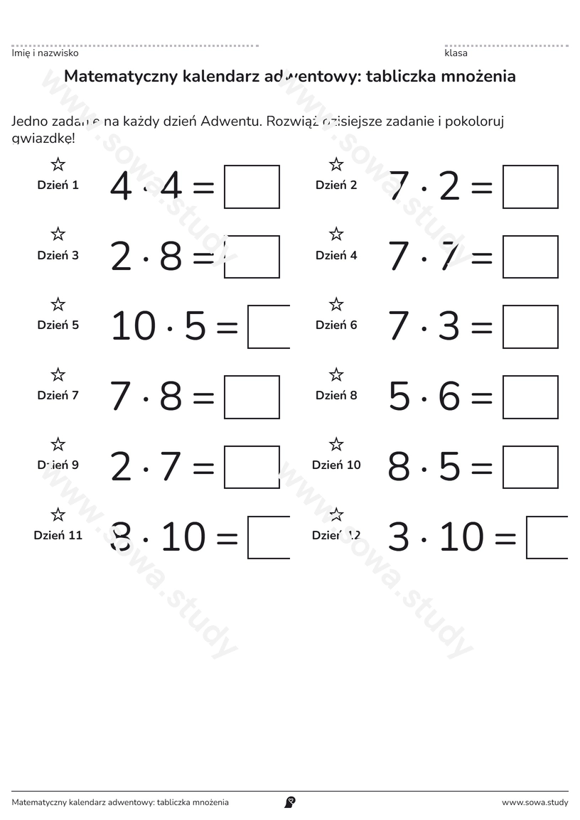 Matematyczny kalendarz adwentowy: tabliczka mnożenia – karta pracy do druku