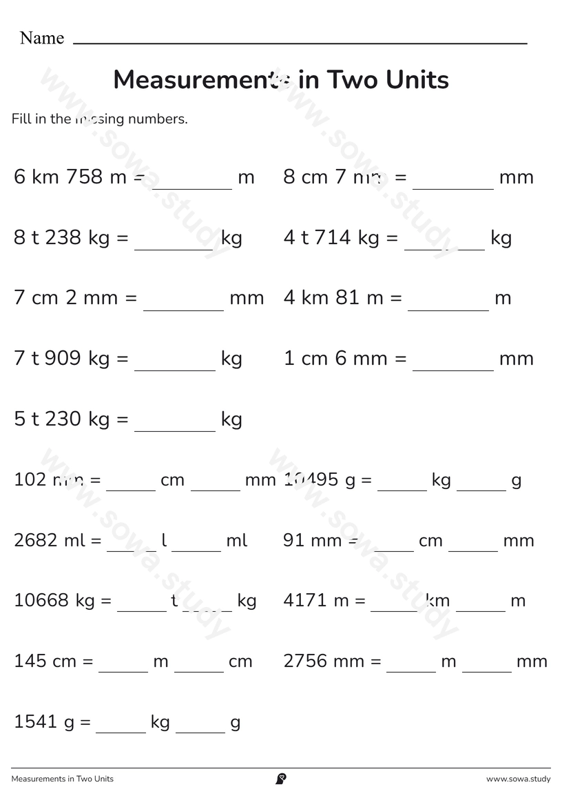 Measurements in Two Units – printable worksheet