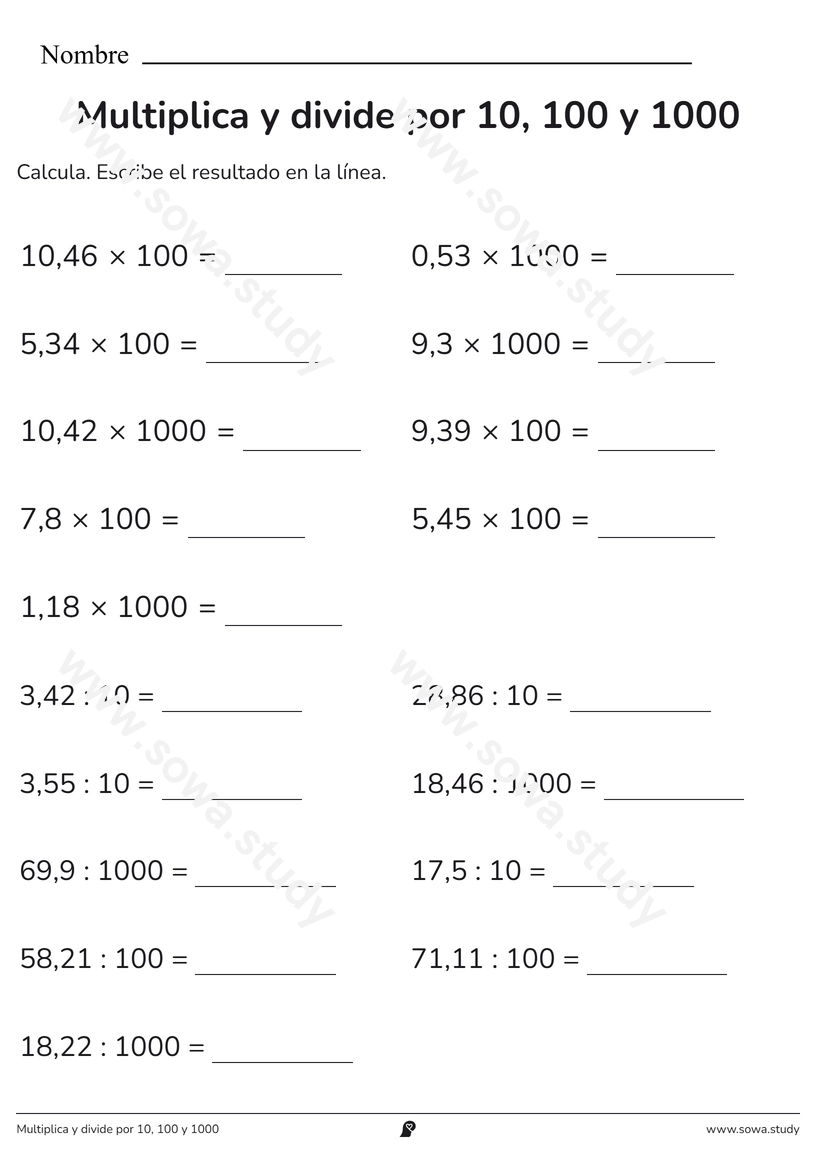 Multiplica y divide por 10, 100 y 1000 – ficha para imprimir