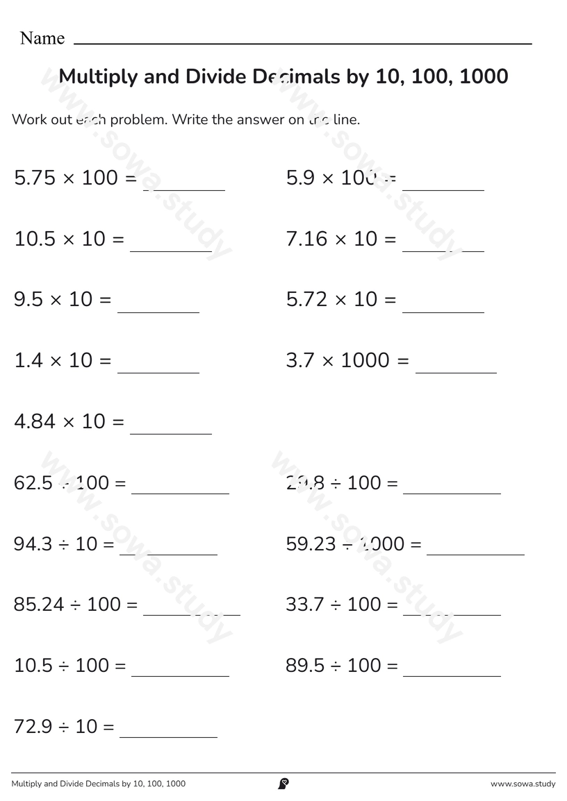 Multiply and Divide Decimals by 10, 100, 1000 – printable worksheet