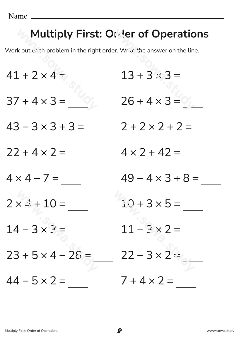 Multiply First: Order of Operations – printable worksheet