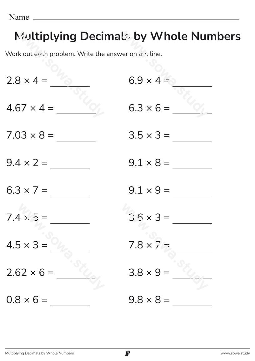 Multiplying Decimals by Whole Numbers – printable worksheet