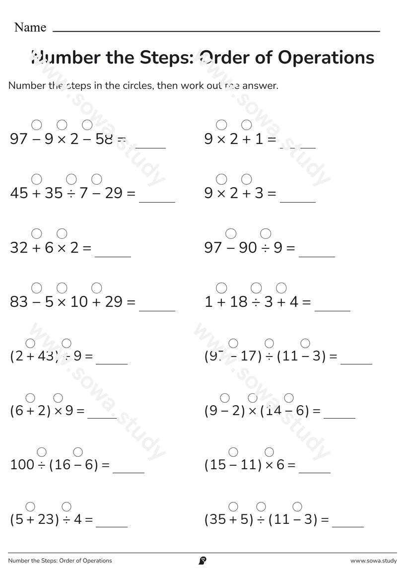 Number the Steps: Order of Operations – printable worksheet