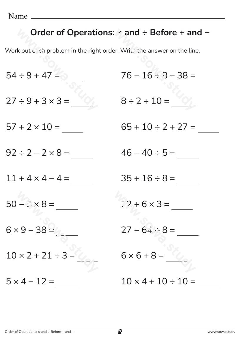 Order of Operations: × and ÷ Before + and − – printable worksheet