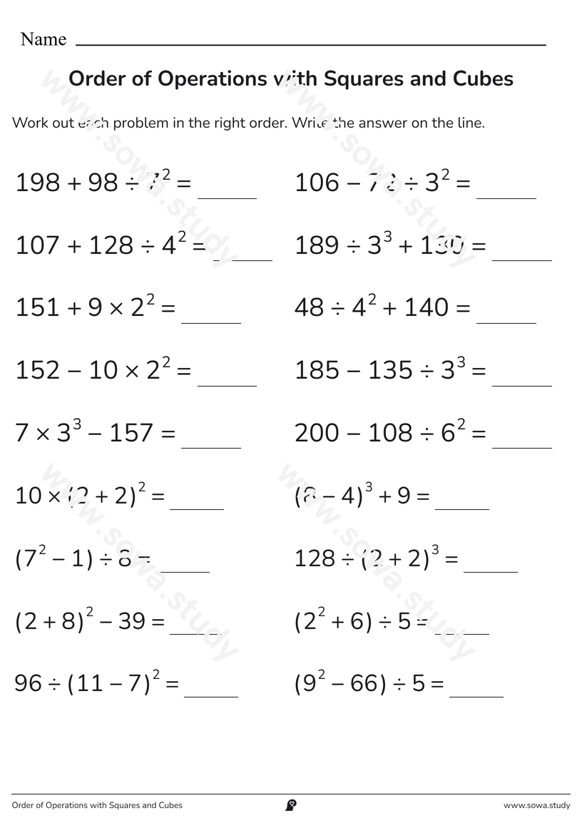 Order of Operations with Squares and Cubes – printable worksheet