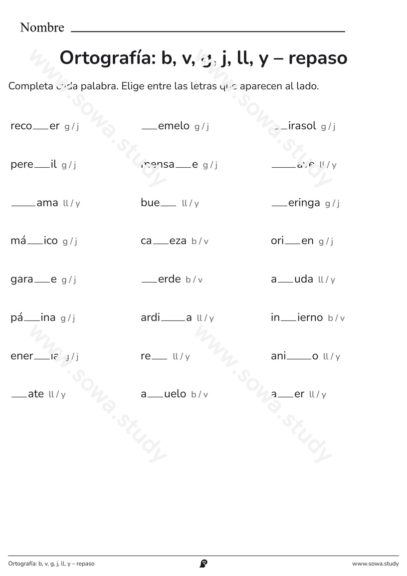 Ortografía: b, v, g, j, ll, y – repaso – ficha para imprimir