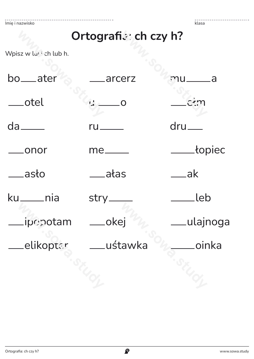 Ortografia: ch czy h? – karta pracy do druku