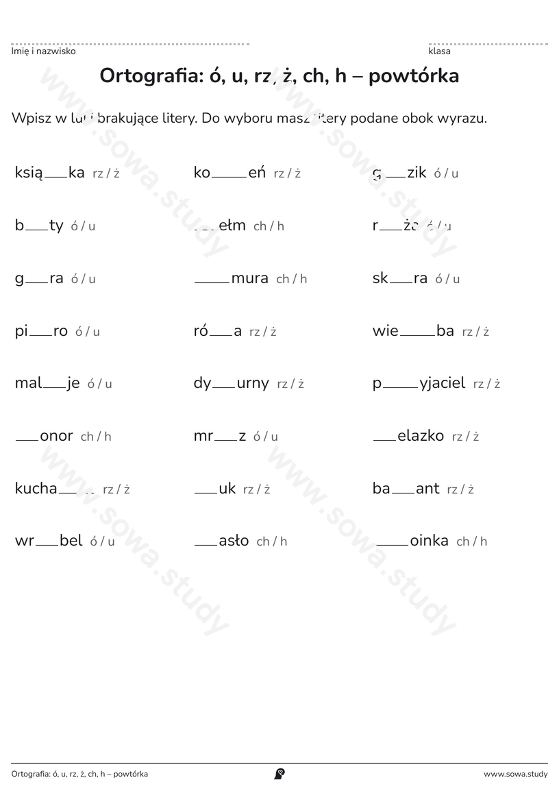 Ortografia: ó, u, rz, ż, ch, h – powtórka – karta pracy do druku
