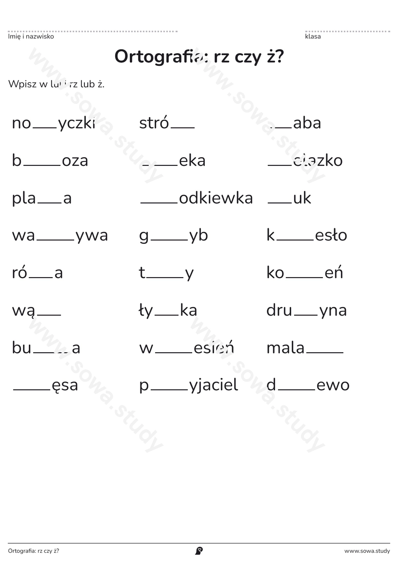 Ortografia: rz czy ż? – karta pracy do druku