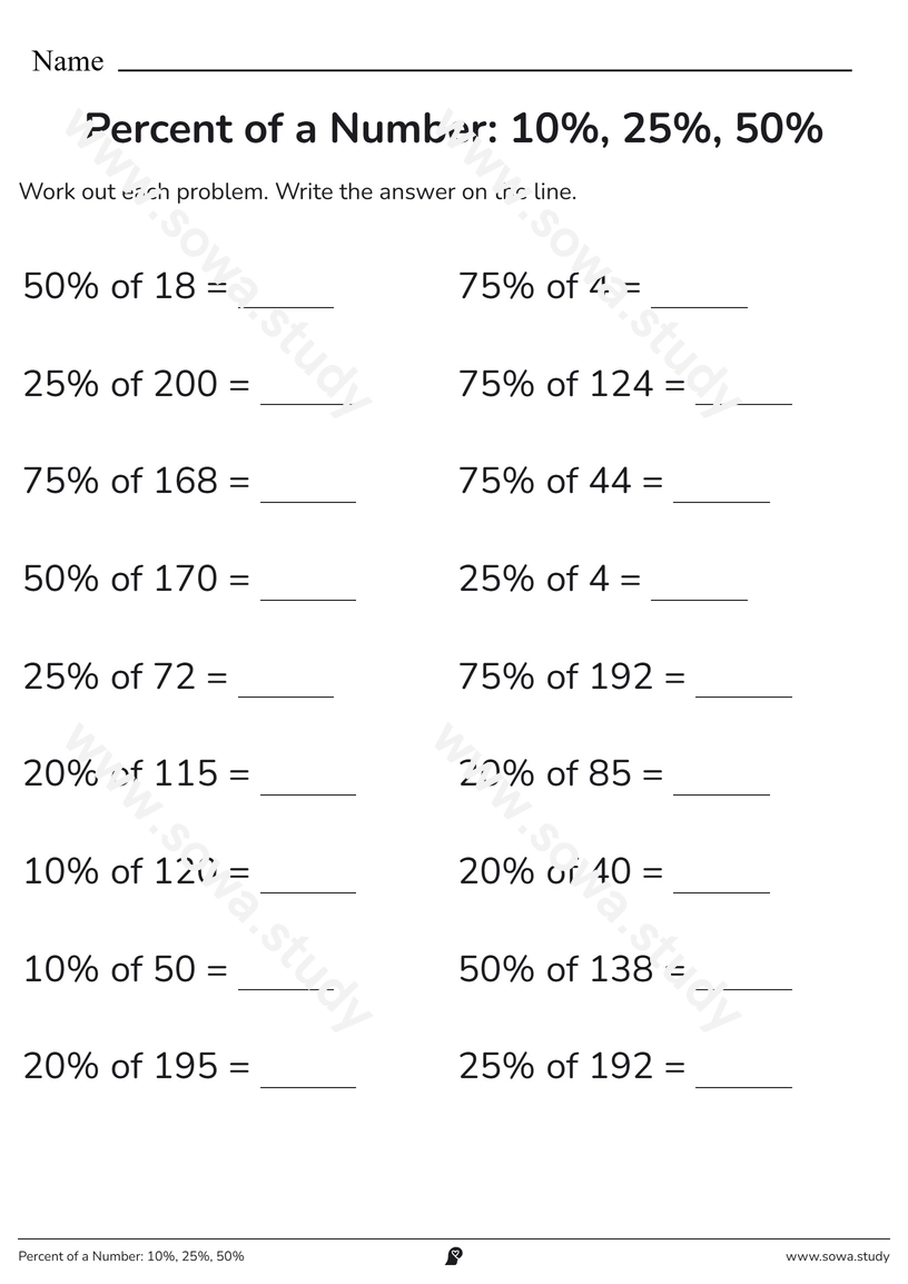 Percent of a Number: 10%, 25%, 50% – printable worksheet