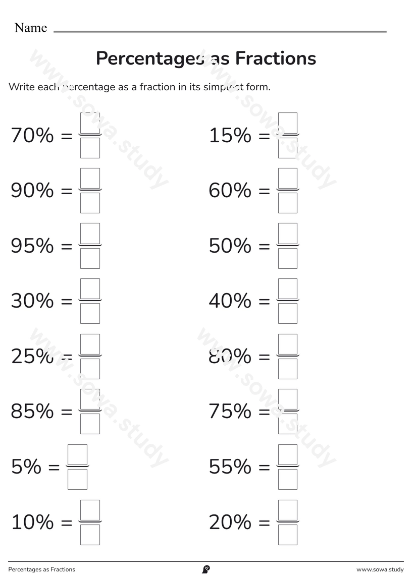 Percentages as Fractions – printable worksheet