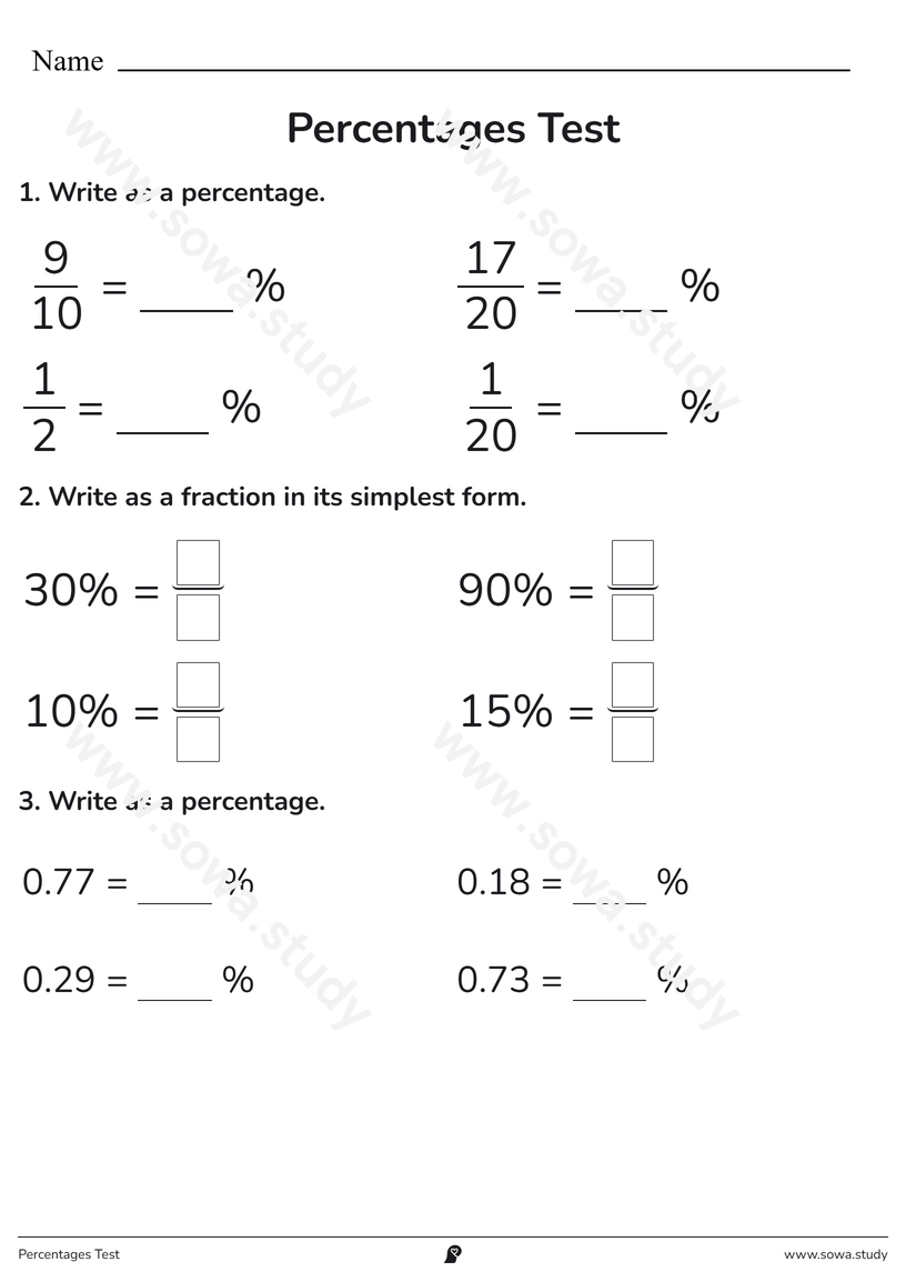 Percentages Test – printable worksheet