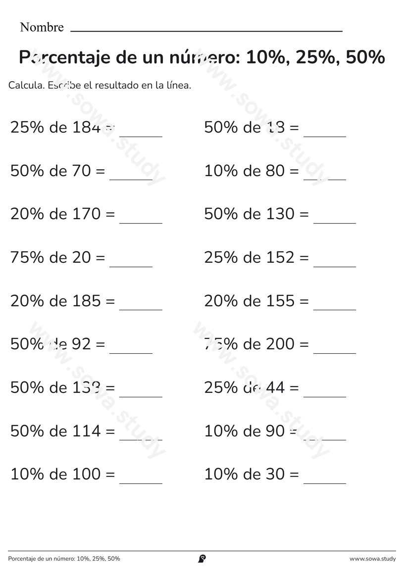 Porcentaje de un número: 10%, 25%, 50% – ficha para imprimir