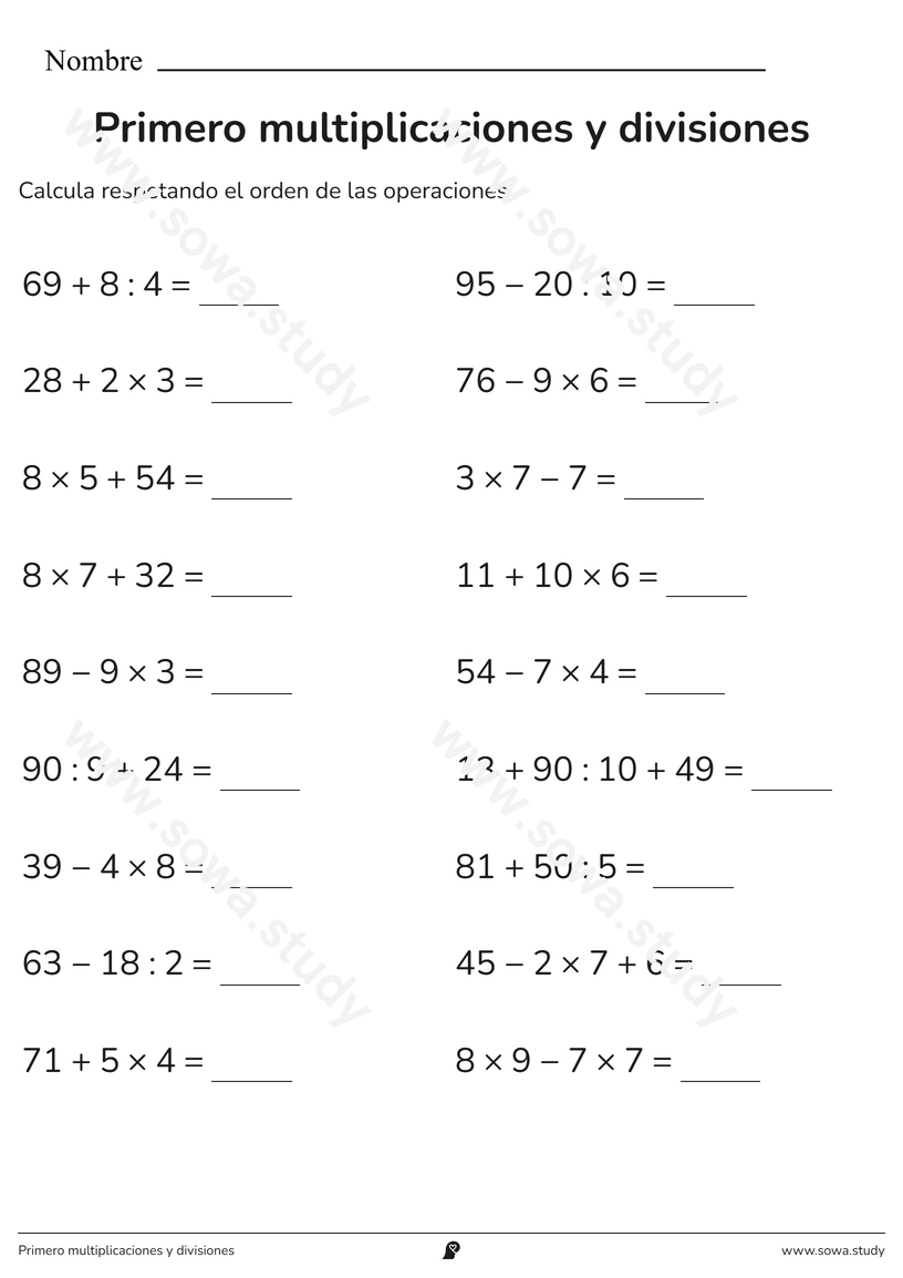 Primero multiplicaciones y divisiones – ficha para imprimir
