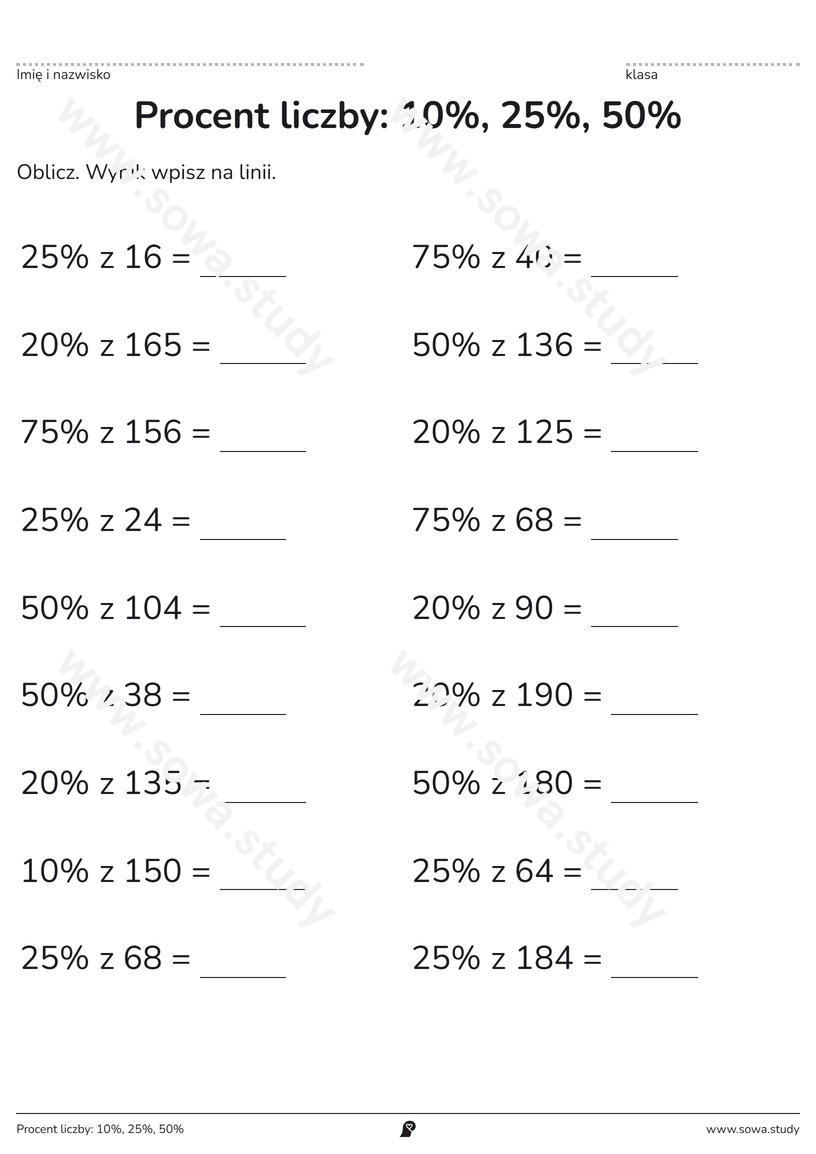 Procent liczby: 10%, 25%, 50% – karta pracy do druku