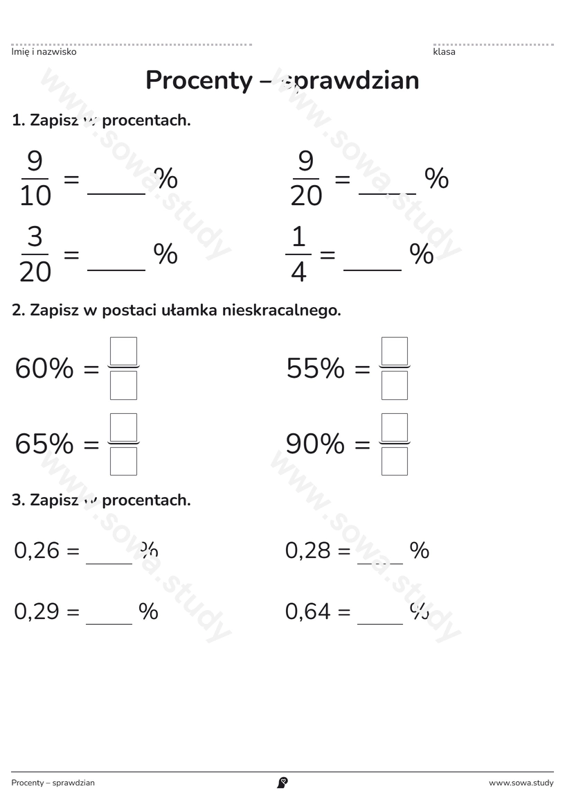 Procenty – sprawdzian – karta pracy do druku