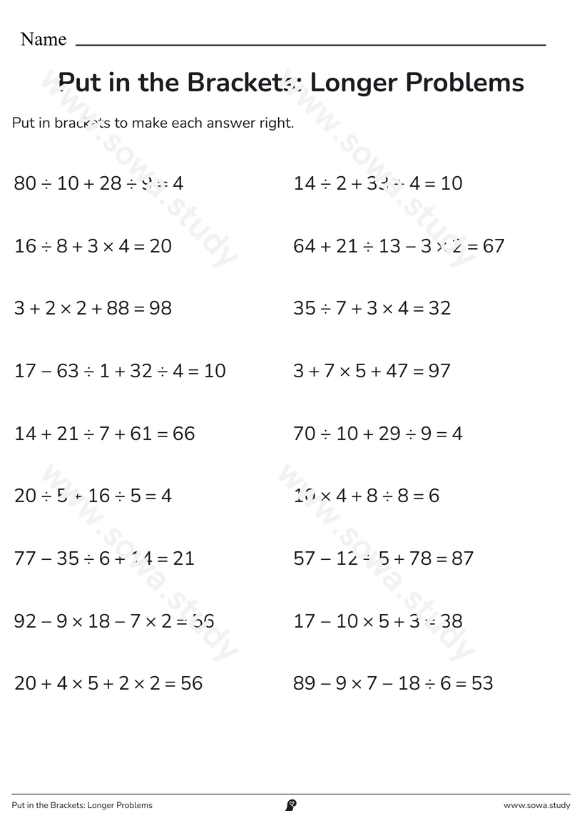 Put in the Brackets: Longer Problems – printable worksheet
