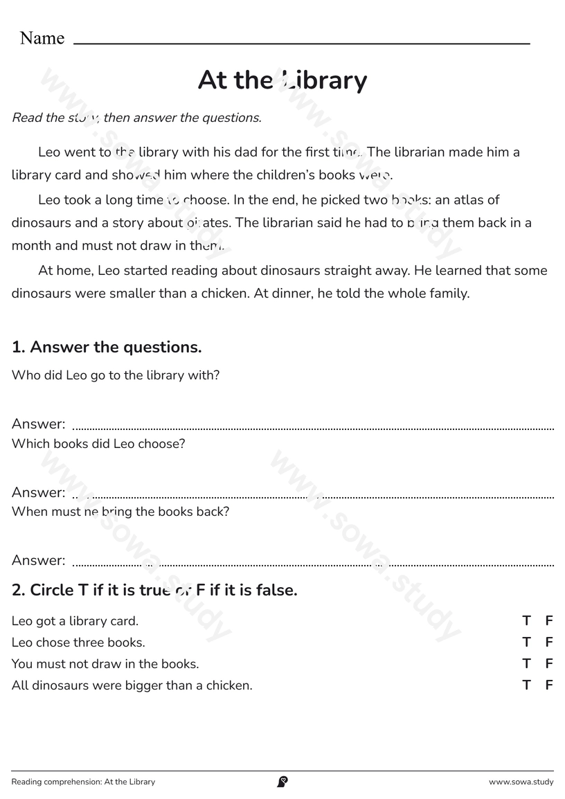 Reading comprehension: At the Library – printable worksheet
