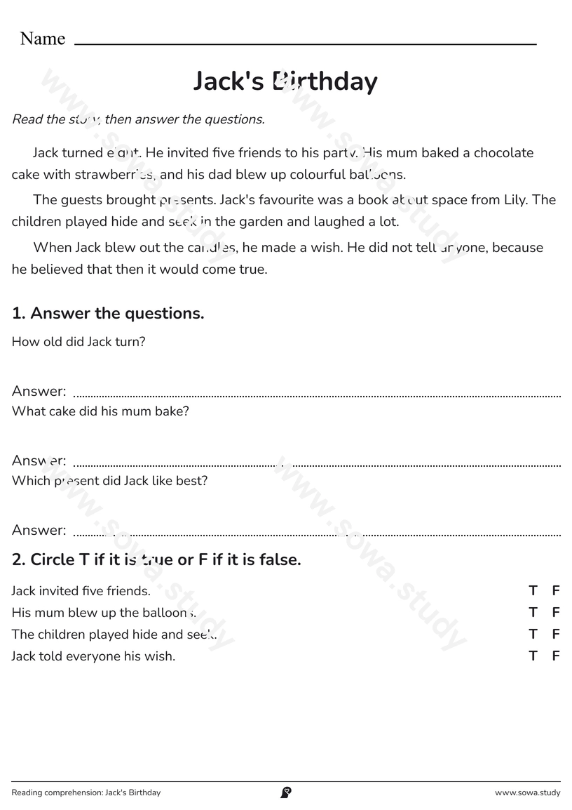Reading comprehension: Jack's Birthday – printable worksheet
