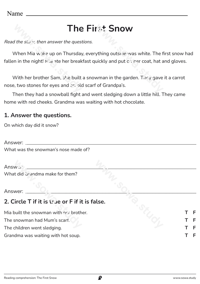 Reading comprehension: The First Snow – printable worksheet