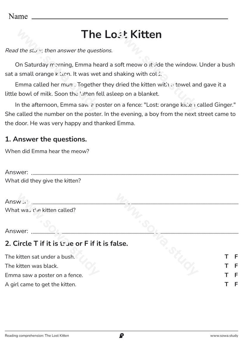 Reading comprehension: The Lost Kitten – printable worksheet