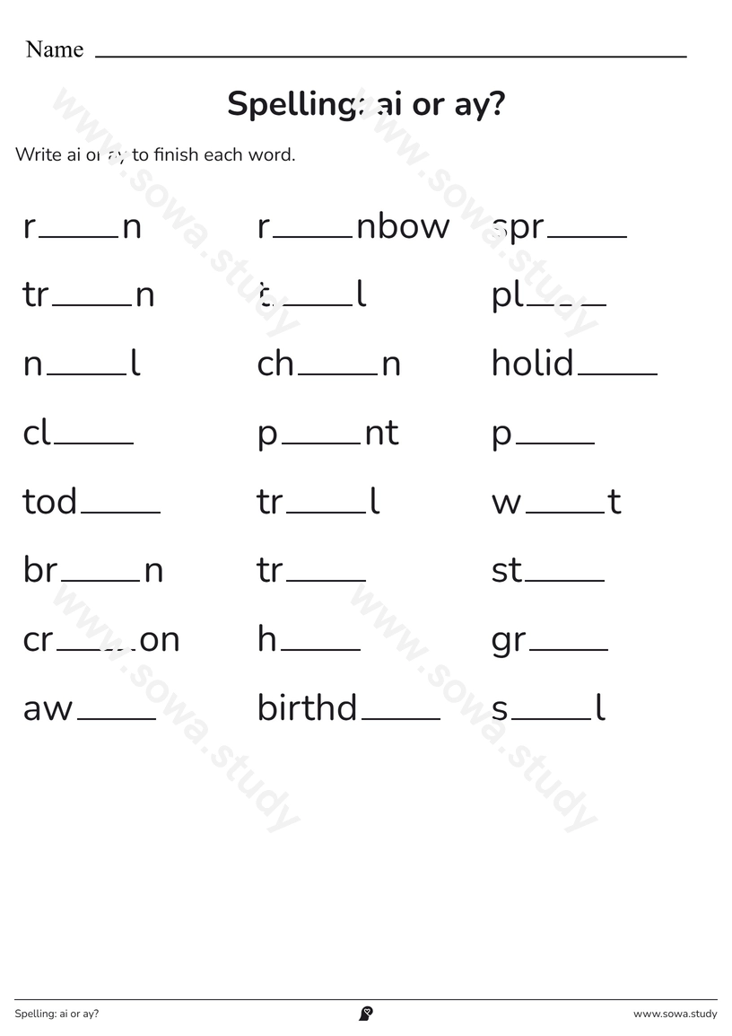 Spelling: ai or ay? – printable worksheet