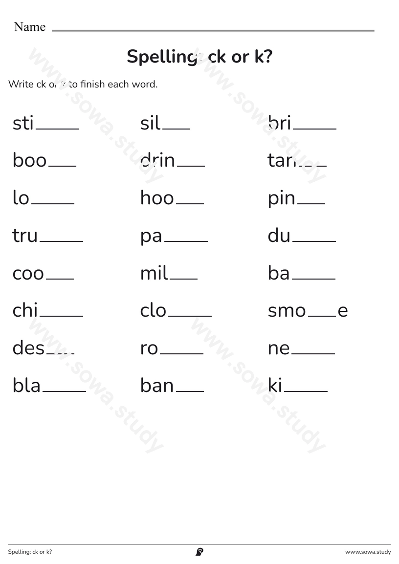 Spelling: ck or k? – printable worksheet