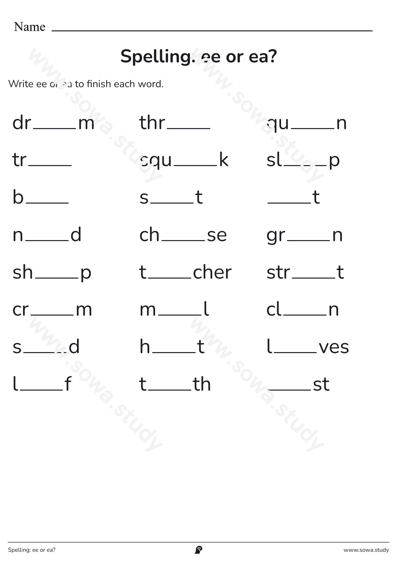 Spelling: ee or ea? – printable worksheet