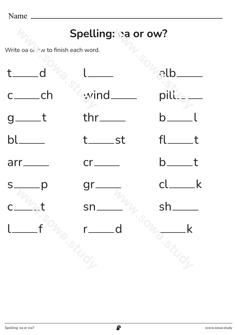 Spelling: oa or ow? – printable worksheet