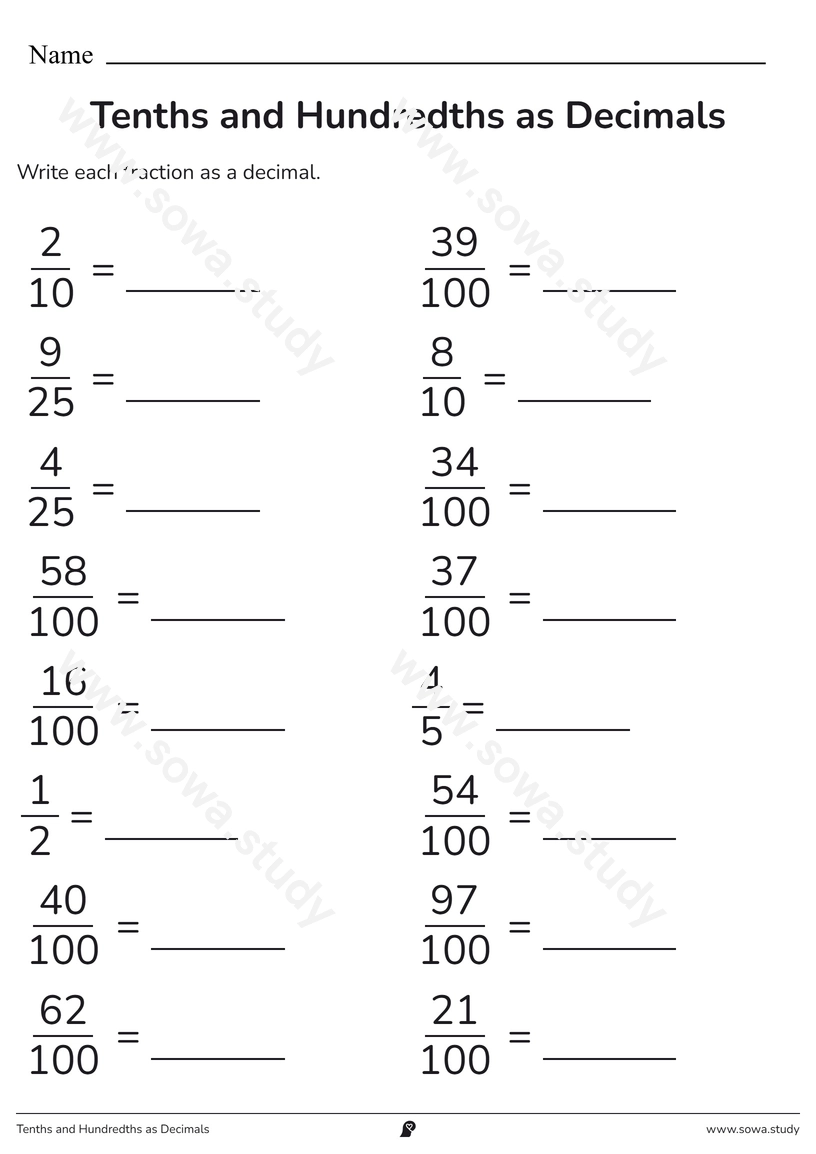 Tenths and Hundredths as Decimals – printable worksheet